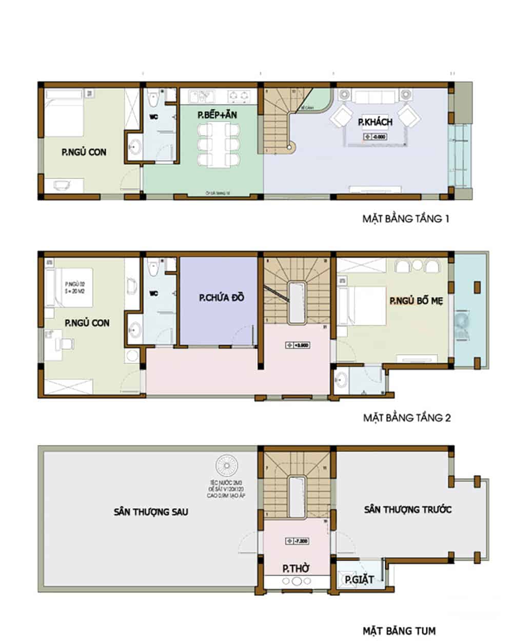 Bản vẽ 3D nhà ống 2 tầng 5x20m có 1 tum