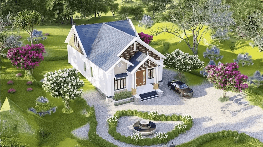 Mẫu nhà vườn mái Thái 1 tầng với sân vườn đẹp, rộng, thoáng