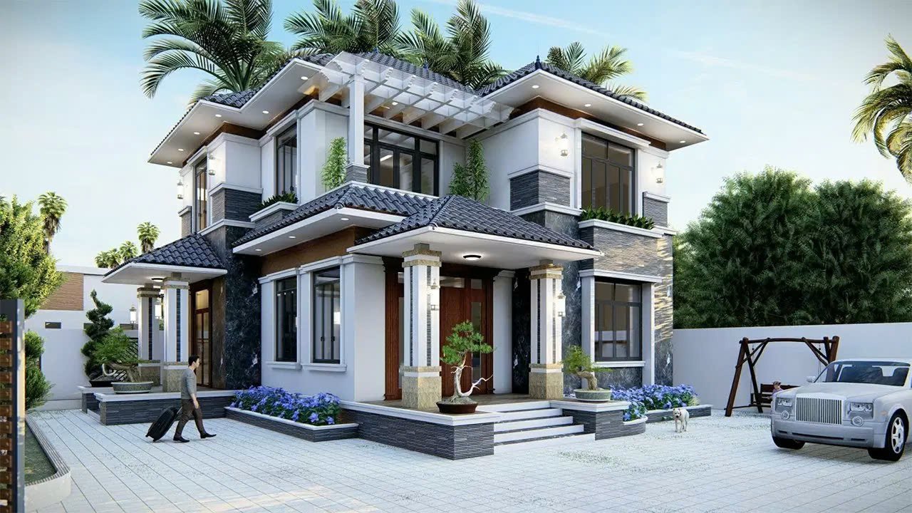 Mẫu nhà mái Nhật 2 tầng 2 mặt tiền