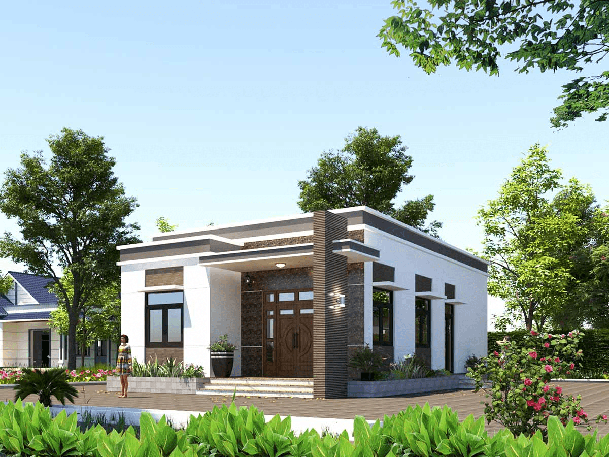 Kiểu thiết kế nhà cấp 4 mái bằng 5x20 có sân vườn mang lại dáng vẻ gọn gàng, thanh lịch cho ngôi nhà 