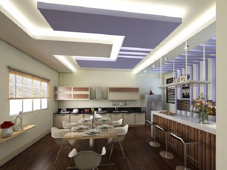 Trần nhà phòng bếp với thiết kế lạ mắt với màu tím làm điểm nhấn